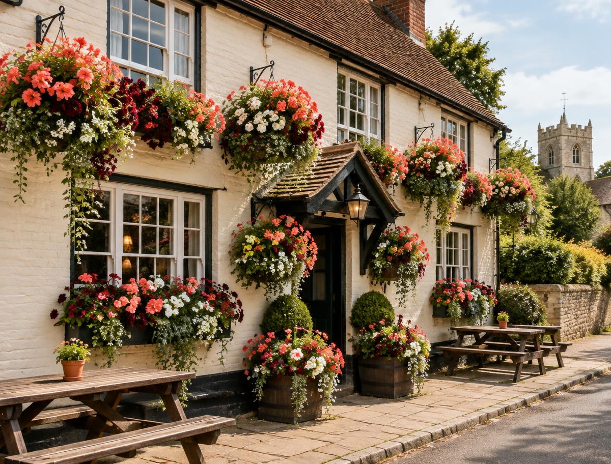 Traditional pub decorated with abundant hanging baskets